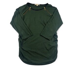 Michael Kors Women’s Green & Black Striped 3/4 Sleeve Top Gold Zipper Size XL